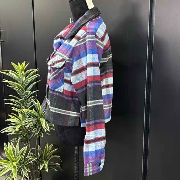 Ashley Wool Blend Rainbow Flannel Plaid,crop outerwear,button-down,chest pocket - Picture 3 of 10